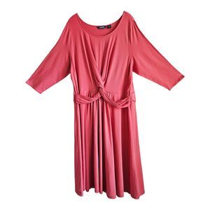 LANDS END Women Plus 2X 20 22 Dress Midi Twist Knot Coral Pima Cotton 3/4 Sleeve